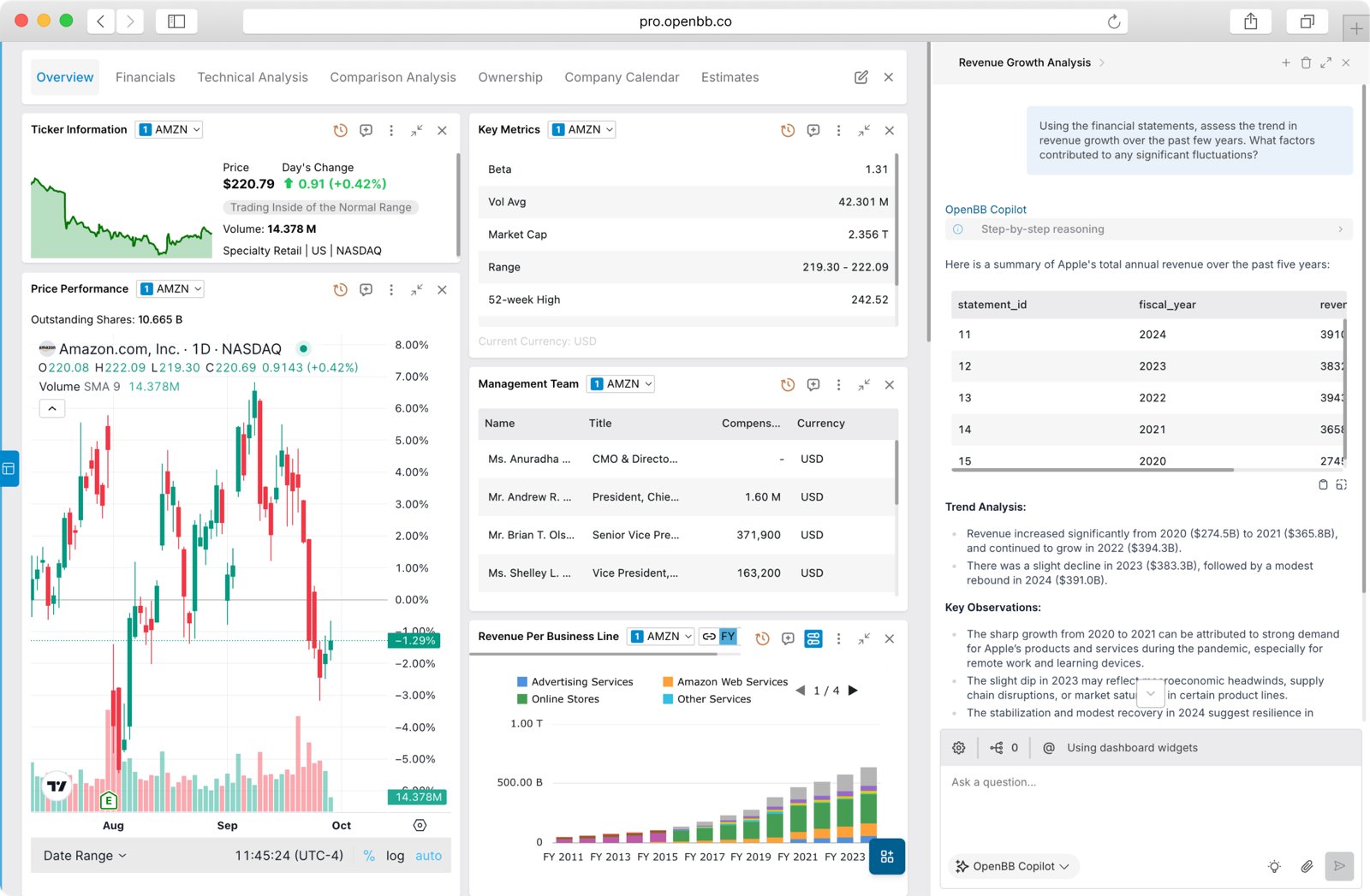 The Workspace: an equity dashboard with a price chart, key metrics and a management table, beside a Copilot panel analysing revenue growth.